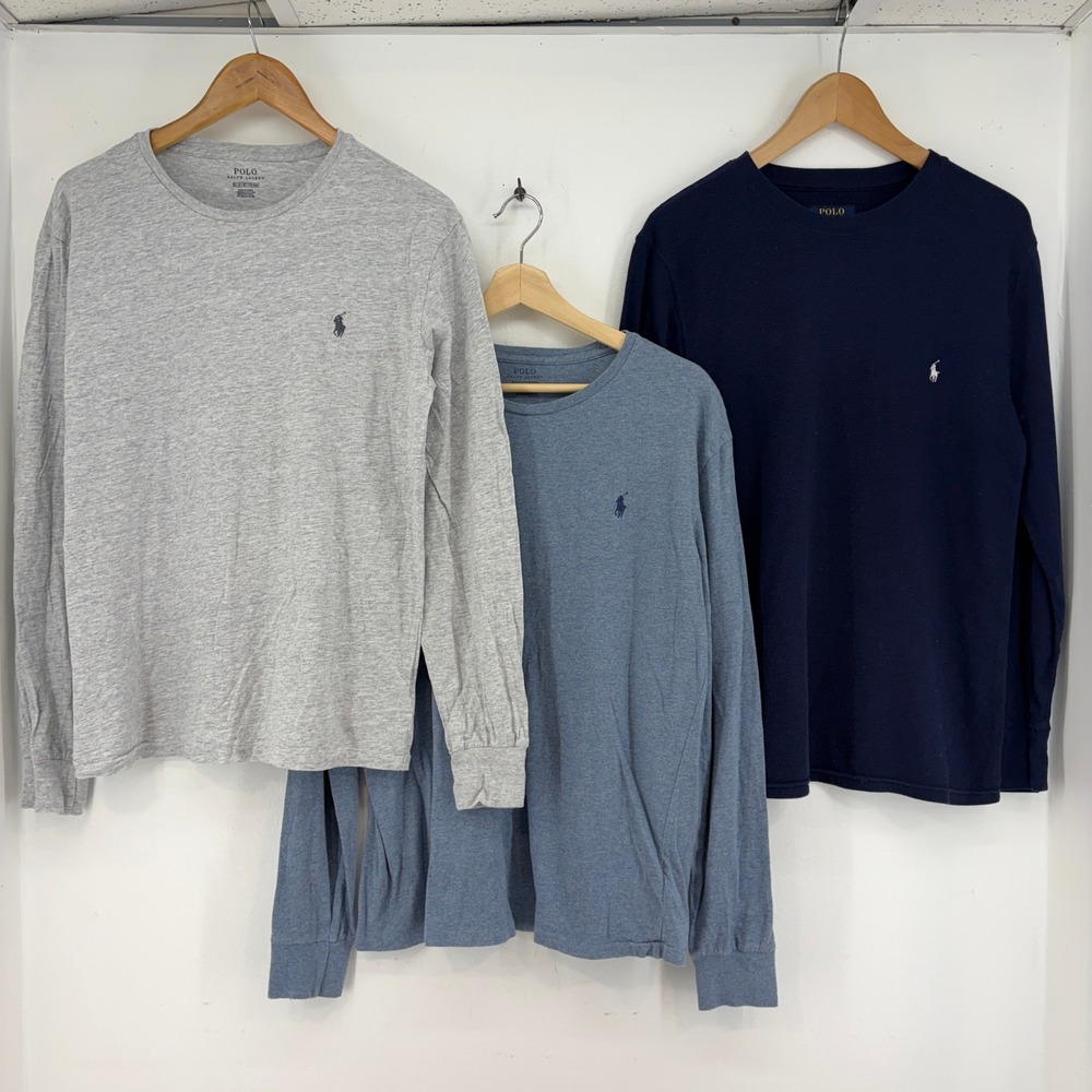 Polo Ralph Lauren Mens Long Sleeve Shirt Lot 3 Gray Blue Navy Cotton Medium
